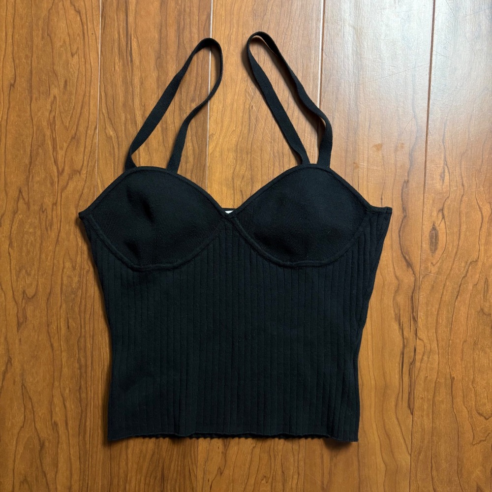 Reformation Black Ribbed Knit Bustier Cami Top Small Minimalist Off Duty Model